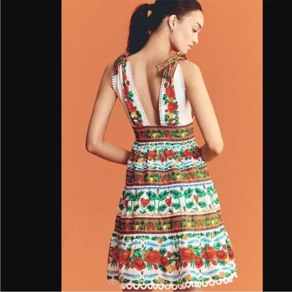 New Farm Rio x Anthropologie v-neck tiered mini Tropical Foliage Anika dress - Picture 3 of 6